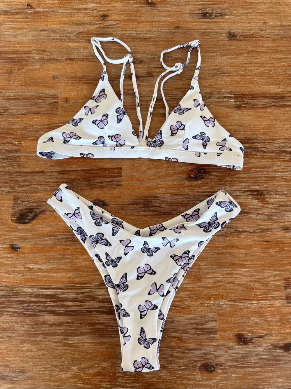 White Butterfly Print Triangle Bikini Set